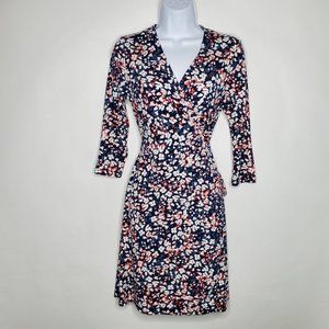 Banana Republic Womens Blue Floral Wrap Dress Size S Petite V Neck 3/4 Sleeve